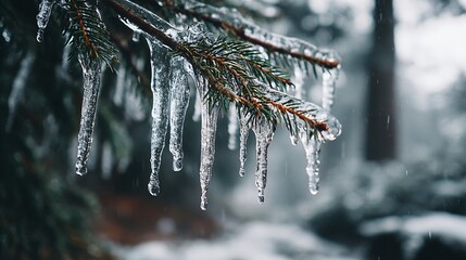 icicles hanging from snowy branch, winter branch with melting frozen icicles close-up