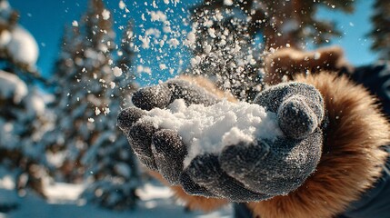 dog jumping through snowy winter forest, playful dog leaping in bright snow-covered woods