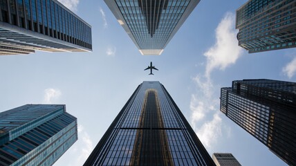 Modern skyscrapers towering above under a clear blue sky as a jet plane flies overhead
