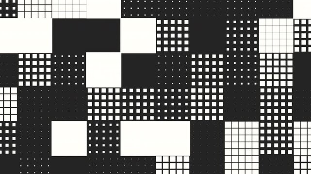 A modern and minimalist black and white pattern featuring squares and rectangles in a grid formation, with overlapping shapes creating a visually intriguing design