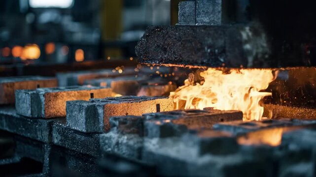 Medium shot of aircooled aluminum castings showing natural airflow around the parts during solidification in an industrial foundry setting.