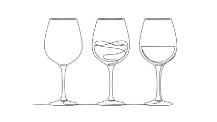 Minimalist continuous one line art drawing of three wine glasses, showcasing the elegant process of wine tasting from swirl to settle