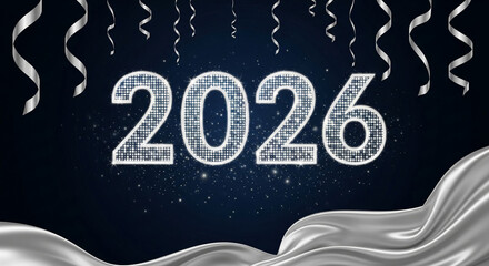 Image shows year 2026, made of shiny disco ball texture, silver ribbon and smooth satin, symbolizing a festive celebration, perfect for new year concepts