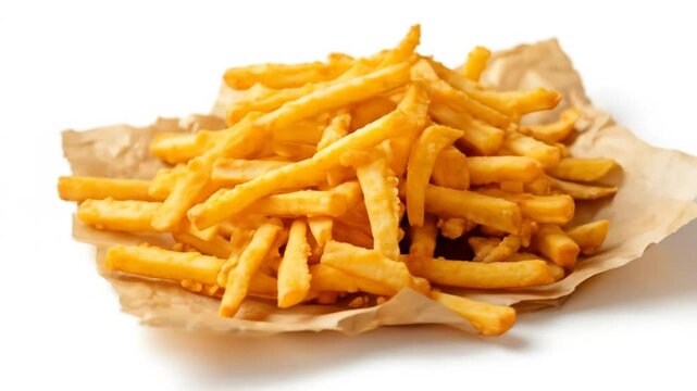 Crispy golden curly fries served on brown parchment paper, isolated on white. 4k video