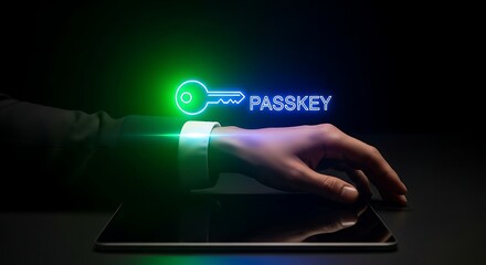 Passkey Technology: Hand Hovering over Tablet with Luminous Key Graphic