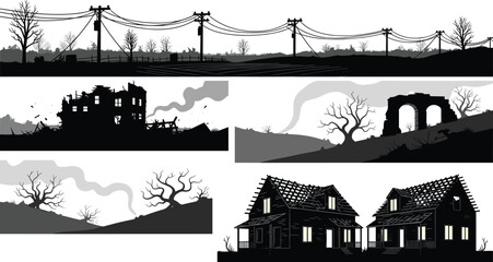 Fototapeta premium Post apocalyptic landscape with abandoned houses, ruined buildings, dead trees, smoke trails, power lines silhouette, eerie deserted environment illustration
