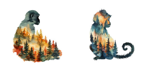 silhouette monkey with forest scene inside watercolor vector illustration © Dar
