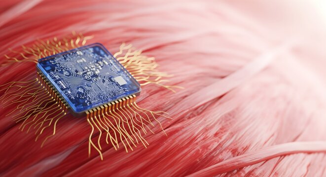 Advanced Bionic Microchip Embedded in Human Muscle Tissue with Neural Connections, Illustrating Medical Technology and Human Augmentation Concept.