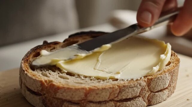 Close-up of a hand spreading butter on a slice of whole grain bread on a wooden cutting board