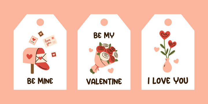 Fototapeta Vector Valentines Day tags with cute illustrations. Mailbox and letter, bouquet, heart flowers in vase. Gift labels or card designs with romantic holiday inscriptions for greeting, festive decor.