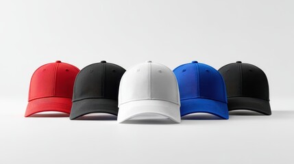 Five colorful baseball caps in a row, isolated on white background