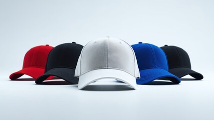 Collection of colorful baseball caps arranged in a row on a light background