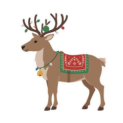 Brown reindeer with antlers decorated with festive Christmas lights and ornaments wearing a red saddle blanket with geometric patterns standing on a transparent background
