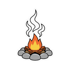 Campfire With Wood Logs Burning Brightly Surrounded By Grey Rocks And White Smoke Against Black Background Digital Art