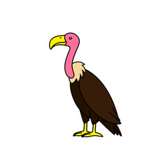 Cartoon illustration of a vulture with a pink neck and yellow beak standing against a black background