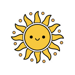 Charming Yellow Sun Icon With Cute Face Surrounded By Orange Dots And Golden Rays On Black Background Simple Flat Vector Art Sticker Style