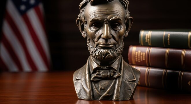 Bronze bust of Abraham Lincoln on table with books and American flag  
