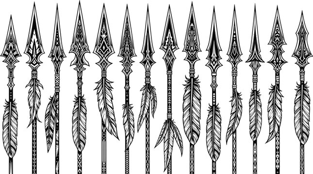 Tribal spear designs, decorative spearheads, ethnic weapon vector illustration, native ornamental arrows with feathers, ancient warrior style graphic set