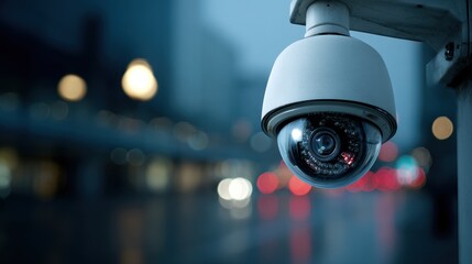 Cctv security camera monitoring city street at night with blurred lights