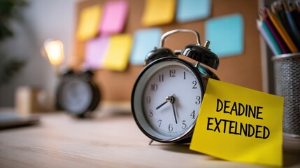 Alarm clock with deadline extended sticky note on a wooden desk