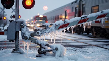 Snowy train crossing gate with snow covered railroad tracks, showing winter landscape. Train crossing gate showcases a thick blanket of snow, with icicles hanging - Powered by Adobe