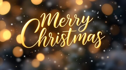 Merry Christmas handwritten golden text with festive bokeh