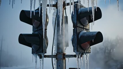Frozen traffic light shows icicles hanging in freezing temperatures. Frozen traffic light is encased in ice from a severe ice storm, creating dangerous driving conditions and hazardous intersections