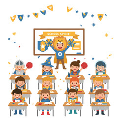 Children in costumes celebrating school spirit with a lion mascot and banners in a classroom setting with desks and students engaged in learning activities and festive decorations overhead.