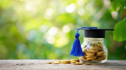 Education savings graduation cap on jar of coins for future studies