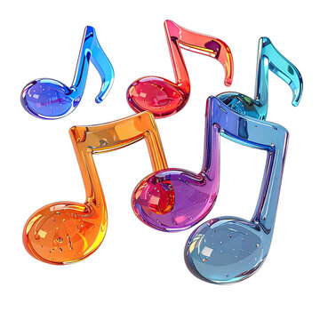 Vibrant collection of translucent, colorful musical notes floating against a black background.