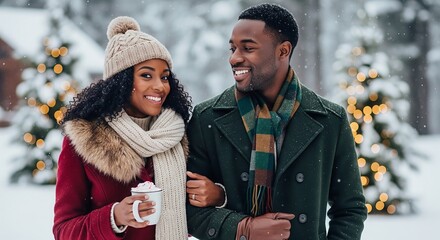 Couple enjoys a snowy winter walk with christmas trees in the background sharing smiles and festive cheer during the holiday season in a winter wonderland