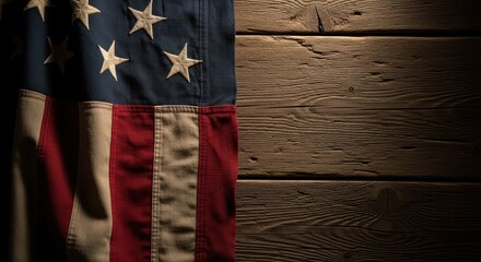 Vintage American flag draped against wooden background for Abraham Lincoln's Birthday
