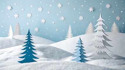 Obraz premium Whimsical paper cutout winter landscape with snowing trees and hills