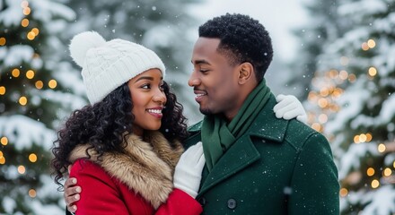 African american couple embracing in a snowy winter wonderland with christmas lights creating a romantic and festive holiday atmosphere of love and togetherness