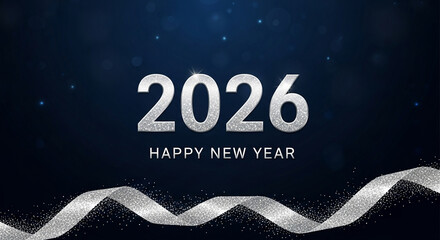 Silver 2026 year number and ribbon against dark blue gradient, representing celebration, future, and festive occasion, ideal for new year themes