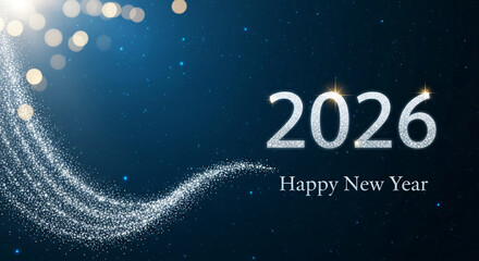 Sparkling 2026 number and Happy New Year text against dark blue starry background, representing celebration, future anticipation and festive mood