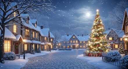 Fototapeta premium Snowy christmas village scene with a brightly lit christmas tree under a full moon on a cobblestone street with snow covered houses and falling snow at night