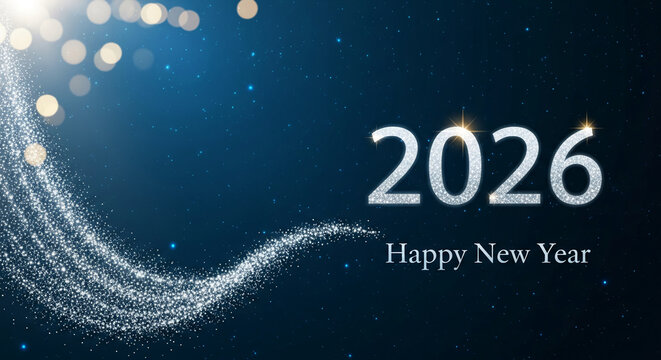 Sparkling 2026 number and Happy New Year text against dark blue starry background, representing celebration, future anticipation and festive mood