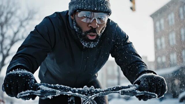 Frosty cycling in winter with cyclist covered in ice and frost. Winter cycling includes determination, cold air, and frozen beard, cyclist overcomes harsh conditions with steely focus.