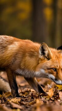 Red fox in a sunlit autumn forest sniffing along a leaf littered path.