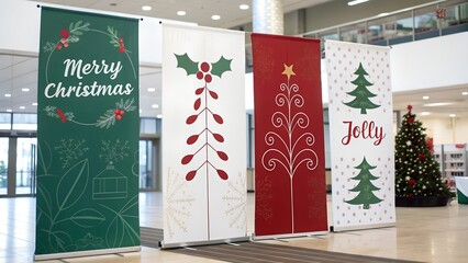 Large festive christmas banners displayed indoors for holiday decoration