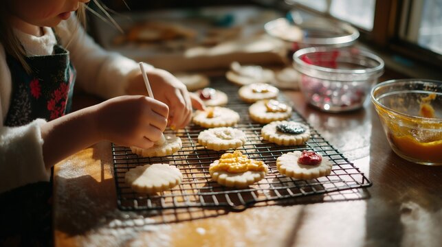 Small hands focused on decorating freshly baked cookies with colorful icing in a warm, sunlit kitchen. Joy fills the air as creativity shines through each unique design