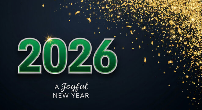 Image shows 2026 with green number and gold confetti on a dark background, representing a joyful new year, perfect for celebration concepts