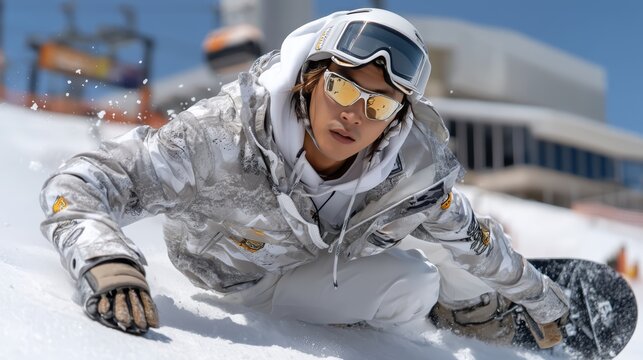Asian woman in stylish winter gear is snowboarding down a slope, showcasing skill and excitement in a vibrant snowy landscape with bright blue sky