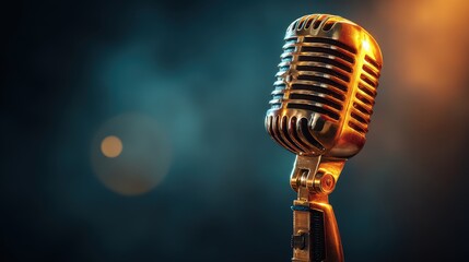 Vintage golden microphone on stage with blurry lights and dark background