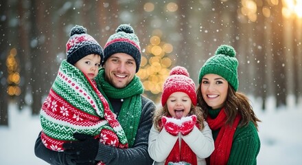 Happy family enjoying a snowy winter day outdoors with christmas tree lights in the background while celebrating the holiday season together in a festive mood