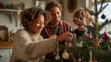 A single parent and two children enjoy a fun moment together as they hang ornaments on their Christmas tree. The cozy home setting adds to the warmth of the occasion