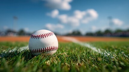 Baseball resting on the green grass of a field under a clear blue sky