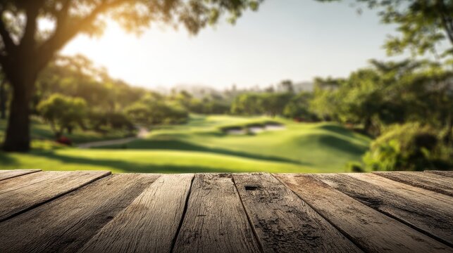 Empty wooden table with blurred golf course and sunny nature background