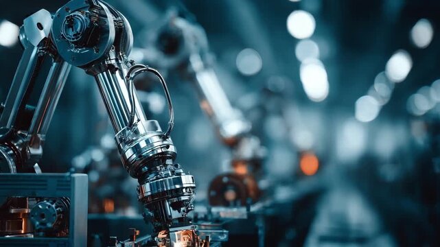 Closeup medium view of a robotic arm seamlessly integrating plating operations emphasizing unmatched accuracy and reliability in unmanned production lines.